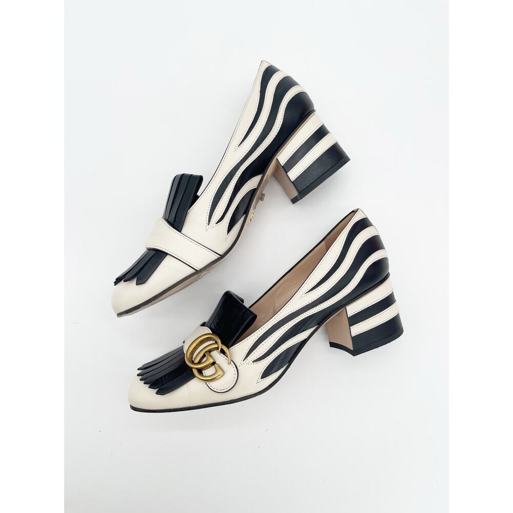 Gucci Marmont Kiltie Zebra Stripe Black White Leather Block Heel Pumps IT 37.5 - Picture 6 of 16